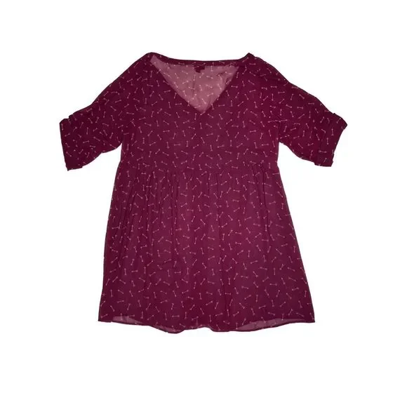 Torrid 3X maroon white arrow pattern sheer 1/2 sleeve V-neck babydoll dress - Picture 2 of 4